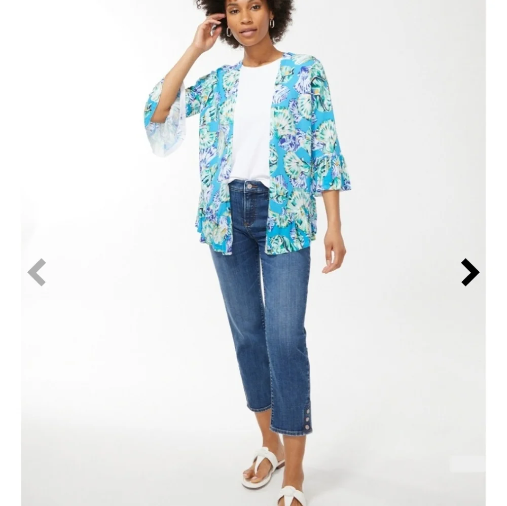 Chico's open front top size 3 US XL blue shells cruise beach Ruffled cardigan *
